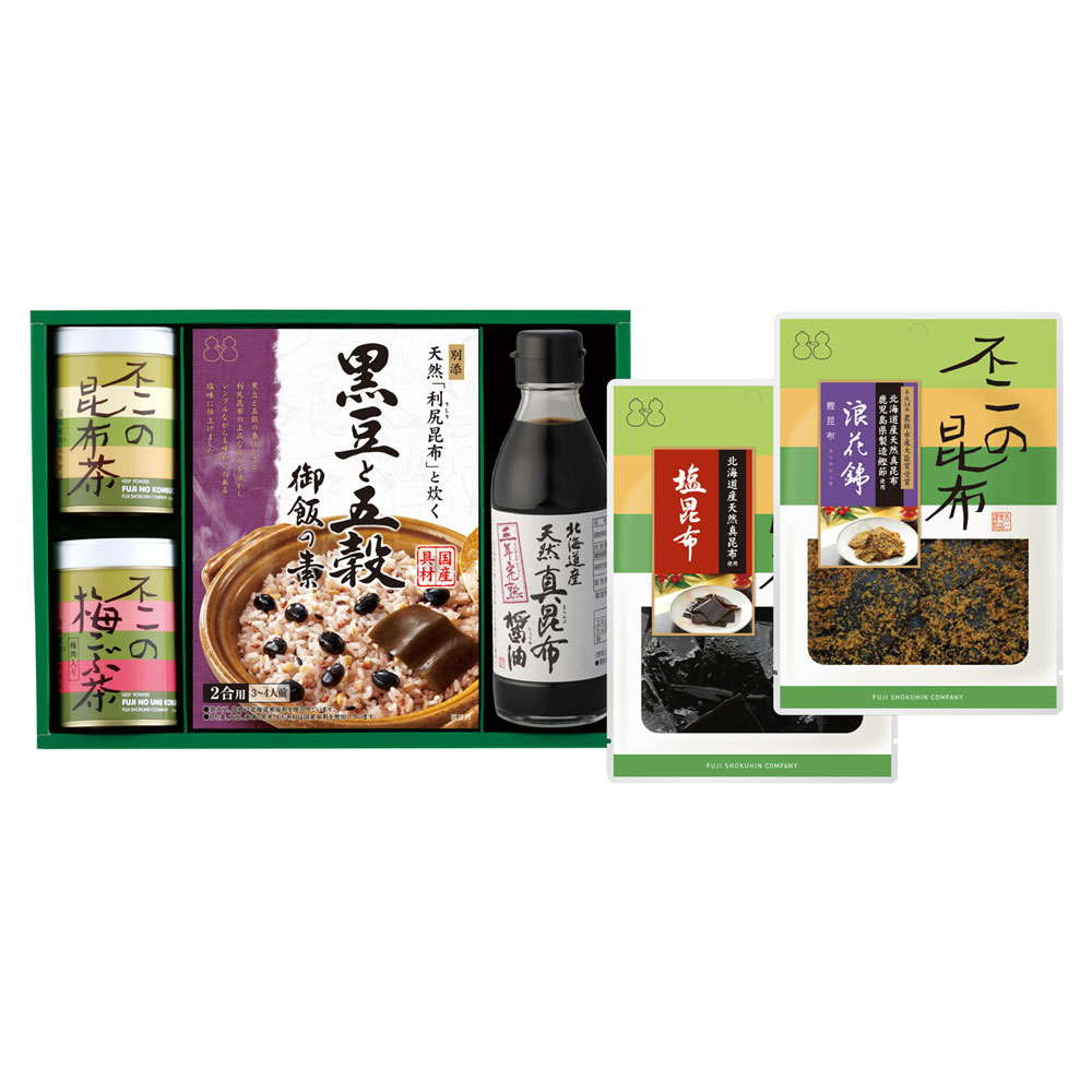 <お中元>【SF-32】昆布茶・梅こぶ茶・佃煮・炊き込み御飯の素・醤油詰合せ(昆布茶 梅こぶ茶 浪花錦 塩昆布 黒豆と五穀御飯の素 天然真昆布醤油)